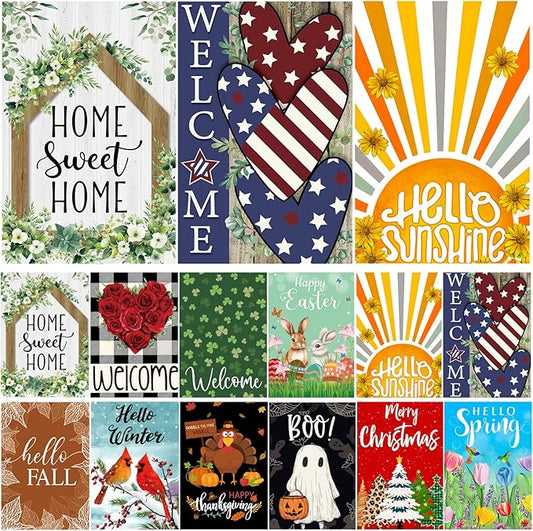 Seasonal Garden Flags Set of 12 Double Sided 12x18 Inch, Small Yard Flags for Outside, Christmas Halloween Easter Valentine's Day Decor, Spring Summer Fall Winter Holiday Garden Decorations