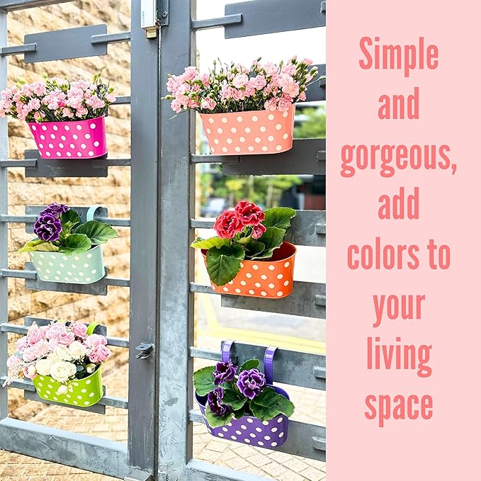 LaLaGreen Rail Planter (17 Inch, 6 Pack) Colorful Metal Hanging Flower Pots Railing Fence Balcony Gardening for Apartment Patio Planters Iron Outdoor Decoration Porch Decor Modern Garden Style