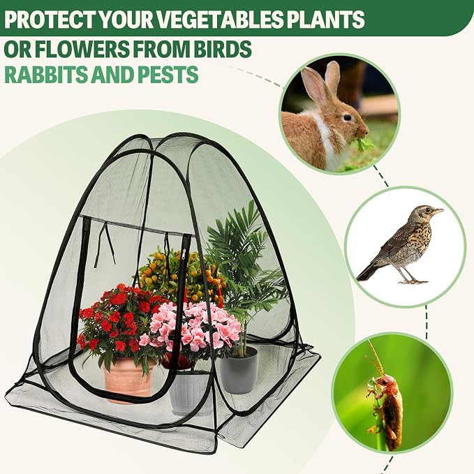 Domensi 4 Pcs Summer Pop Up Gardening Net Cover 33.5 x 33.5 x 37 Inch Pop up Mesh Plant Cover with 16 Ground Stakes for Vegetable Fruit Flower Plant Protectors from Animals Plant Tent Popup Greenhouse