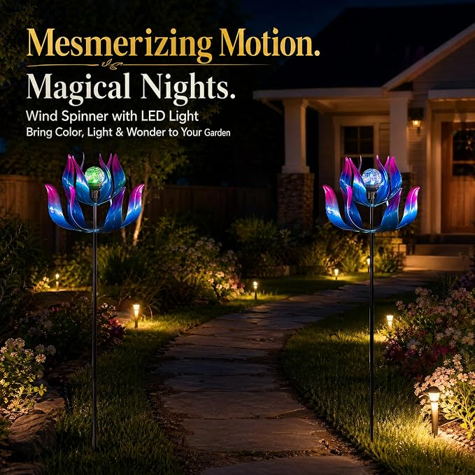 61'' Solar Wind Spinners for Yard and Garden - Large Metal Kinetic with Solar Powered LED Crackle Glass Globe, Vibrant Blue & Purple Gradient Lotus Flower Yard Art for Outdoor, Patio, Lawn Decor