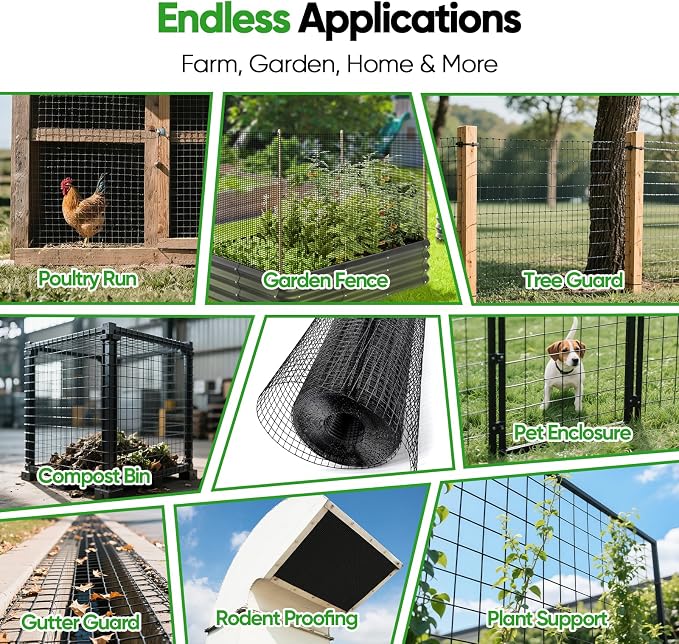 Black Hardware Cloth 24in x 100ft – 19 Gauge Vinyl Coated Steel Wire Mesh Roll, 1" Square Welded Fence for Chicken Coop, Garden Barrier, Animal Control, Outdoor Pet Enclosure, Rodent Proofing
