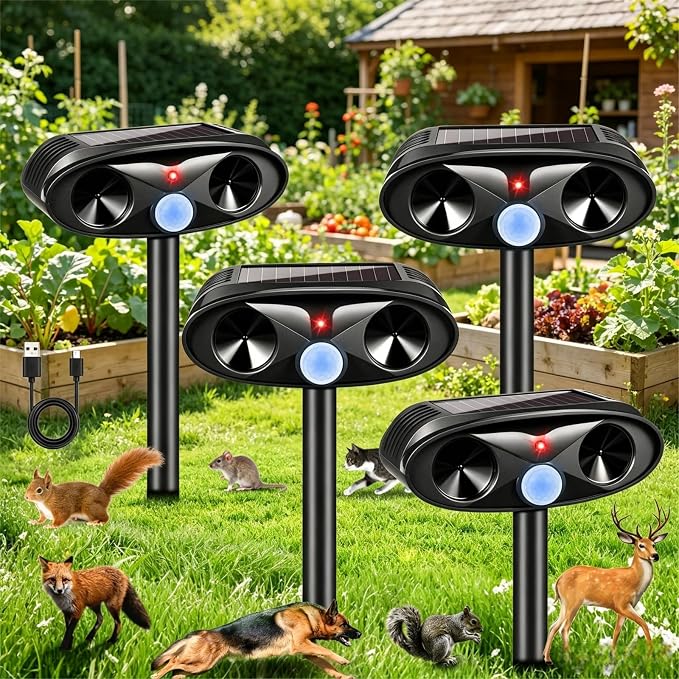 Upgraded Solar Ultrasonic Animal Repellent Outdoor for Squirrel,Dog,Raccoon,Skunk,Rabbit,4 Pack Cat Deterrent Sonic Deer Repellent Devices USB Charge Animal Repeller for Yard Garden,Black
