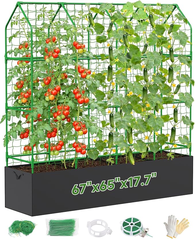 Cucumber Trellis with Grow Bag for Raised Bed, A-Shape Garden Trellis for Climbing Plants Outdoor, Metal Plant Trellis with Garden Netting for Flower Vegetables, Pea, Grape (67x17.7‌x65‌in)
