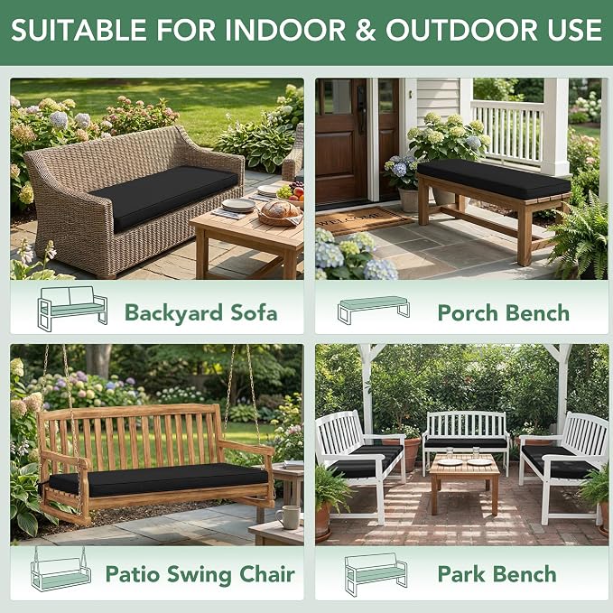 Summsun Outdoor Bench Cushion: Waterproof and Fade Resistant Patio Furniture Cushions - Non-Slip Bench Pad Cushion with Removable Cover for Garden Swing Porch Sofa Settee, 42 x 18 Inch, Black