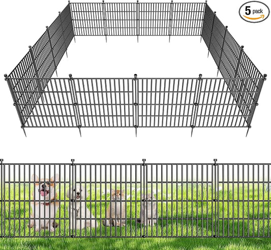 5 Panels No Dig Decorative Outdoor Garden Fence for Yard, 24 in(H) X 10 ft(L) Animal Barrier Fencing Rustproof Metal Wire Panel Border for Dog, Rabbits, and Patio Temporary Ground Stakes