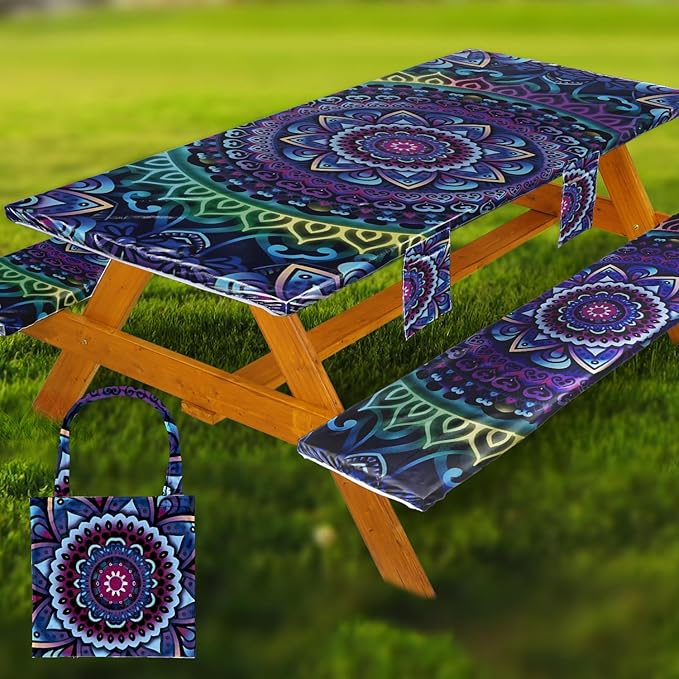Picnic Table Cover with Bench Covers Vinyl Elastic Edges Fitted Rectangle Seat Tables Waterproof 3-Piece72X30in Set Outdoor Rectangular Folding Backing Tablecloth for Camping Over Size