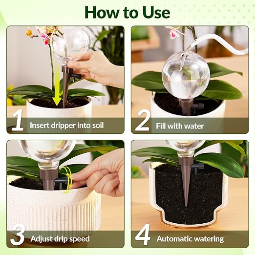 NiHome Plant Self-Watering Globes for Busy Individuals & Travelers, Long-Lasting Moisture Consistent Dripper Spike for Indoor Plants, Adjustable Flow Valve Easy to Refill & Maintain (4-Pack)