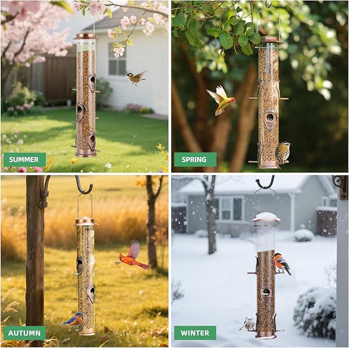 MIXXIDEA 2PK Metal Bird Feeders with 6 Feeding Ports,Tube Bird Feeder with Steel Hanger,Wild Bird Feeder for Outdoors Hanging, Attracting Birds in Your Lawn, Garden, Balcony (Antique Copper)