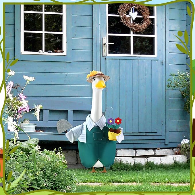 Gardener Porch Goose Outfits for 23 Inch Lawn Statue, Spring Gardener with Flower Pot and Shovel Costume for Plastic/Cement Statue, Summer Sculpture Clothes for Yard Patio Party Decoration