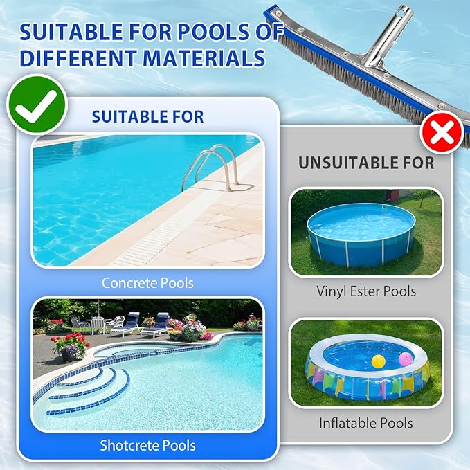 18" Wide Pool Brush Head - Combo Nylon & Stainless Steel Wire Bristles, Heavy Duty Metal Pool Brush for Extra Scrubbing Power, Curved Edge for Cleaning Inground Pool Tiles, Concrete, Walls, Corners