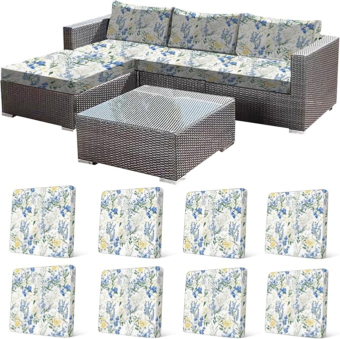 CALBODE 8 Pcs Stretch Outdoor Seat Cushion Covers, Washable Chair Seat Cover for Patio Furniture Cushions Soft Indoor and Outdoor Couch Cover Replacement (Bluebell, Cover Only)