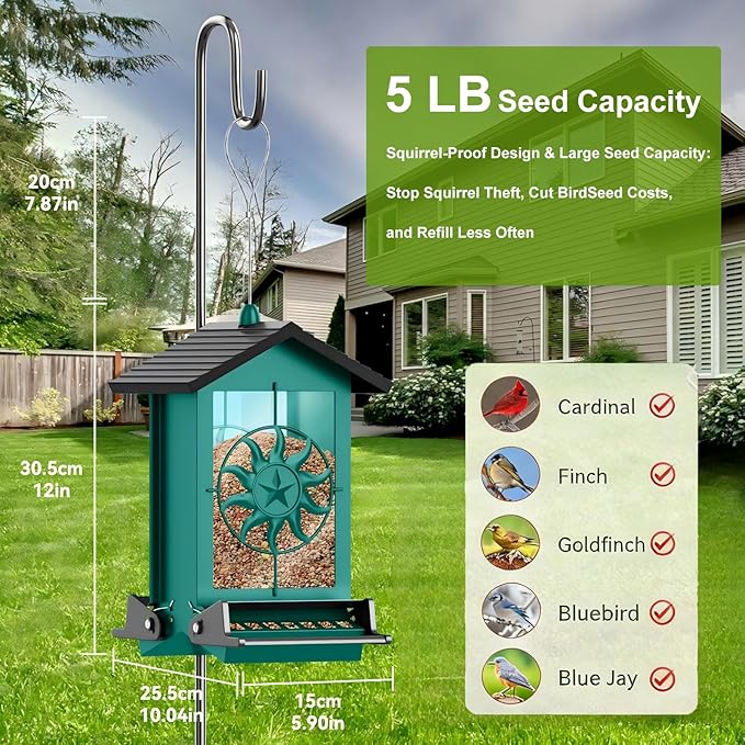 Squirrel Proof Bird Feeders for Outdoors with Weight-Activated, 5LB Large Metal Wild Bird Feeders for Cardinals,Blue Jay,Finch, Weatherproof Durable Hanging Bird Feeder for Backyard,Garden (Green)
