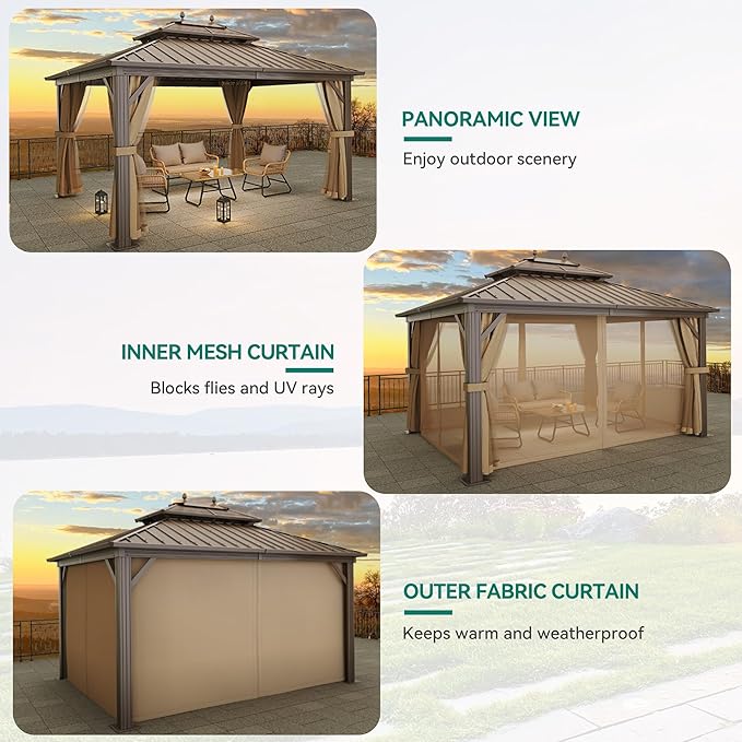 YITAHOME 10x12ft Hardtop Gazebo with Nettings and Curtains, Heavy Duty Double Roof Galvanized Steel Outdoor Combined of Horizontal Vertical Stripes Roof for Patio, Backyard, Deck, Lawn (Bronze)
