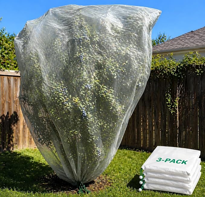 3 Pack 8 x 8 ft Large Fruit Tree Netting Covers with Zipper & Drawstring, Extra Fine Mesh Garden Netting for Blueberry Peach Apple Trees, Protects Fruit from Birds, Squirrels, Deer, Cicadas & Beetles
