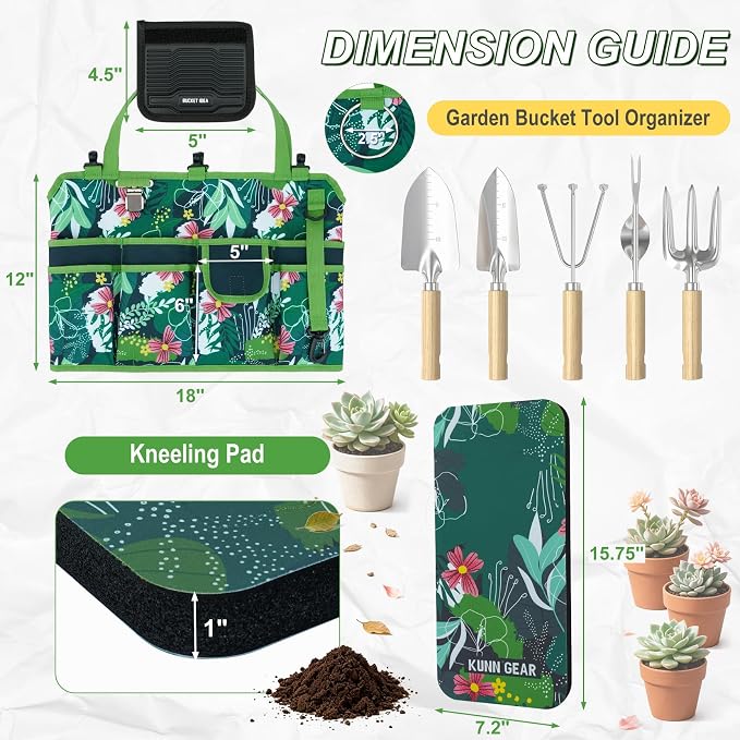 KUNN 5 Gallon Garden Bucket Tool Organizer & Kneeling Pad Set, 18-Pocket Heavy Duty Garden Caddy with Hangable Handle, Polyester Tool Bag with Grip Handle & Gardening Kneeling Pad for Women, Green