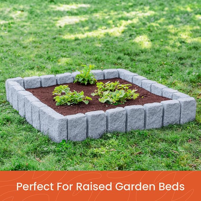 Beuta Landscape Edging | Garden Edging Border | Faux Stone Block XL for Lawn Edging, Flower Beds & Yard Edging – 40 Pack | Each Section Has 6 Blocks 48" L x 4" W x 9.5" H | 120 Spikes | Greystone
