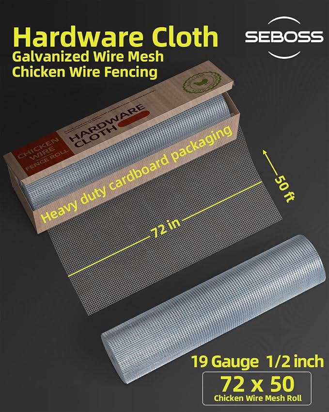 SEBOSS Hardware Cloth 1/2 inch Mesh 72 in x 50 ft 19 Gauge, Hot-dip Galvanized After Welding, Chicken Wire Mesh Roll Garden Fence Welded Wire Fencing Gopher Wire Rodent Wire