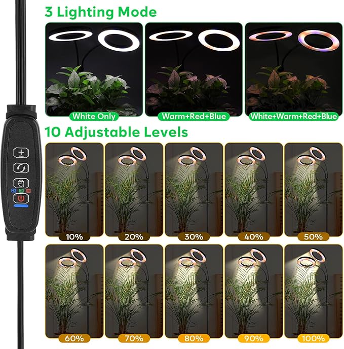 Dual-Head Grow Lights for Indoor Plants, LED Full Spectrum Floor Plant Lamp with Timer 3/9/12H, 10 Dimmable Levels, Flexible Gooseneck, Height Adjustable 23"-67" for Large Houseplants