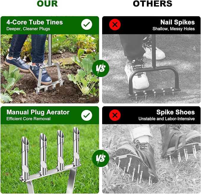 Core Aerator Lawn Tool Manual Lawn Aerator Tool with 4 Hollow Tines Non-Clogging Heavy Duty Plug Aerator for Soil Loosening Lawn Aeration, Revives Lawn Health,Garden Tool