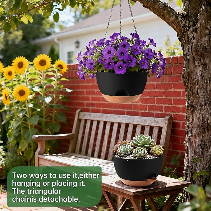3-Piece Set of 10-Inch Hanging Planters with Automatic Watering System and Drip Tray, Includes Metal Chain, Suitable for Various Indoor and Outdoor Plants and Flowers, Black-Brown