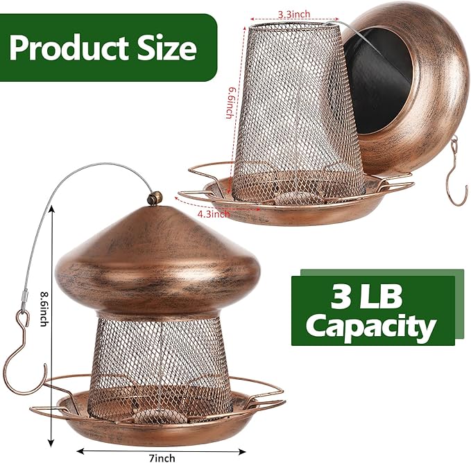 Bird Feeder, Heavy Duty Metal Bird Feeders for Outdoor Hanging, Cute Mushroom Shape Wild Birdfeeder for Outside Garden Yard (Brown)