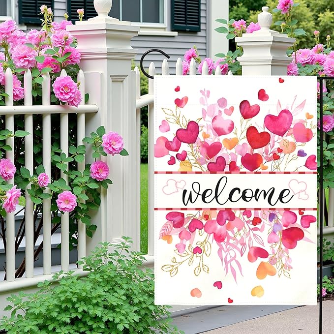 Valentines Day Garden Flag Welcome Heart Design Double Sided Yard Banner Romantic Red Pink Love Hearts House Flag for Porch Patio Lawn Farmhouse Wedding Anniversary Party Decor 12x18 Inch