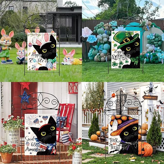 Seasonal Garden Flags Set of 11 Double Sided 12 x 18 Inch Cute Black Cat Yard Flags, Small Flags for Outside, Spring 4th of July Easter Outdoor Flags, Holiday Garden Flags for All Seasons