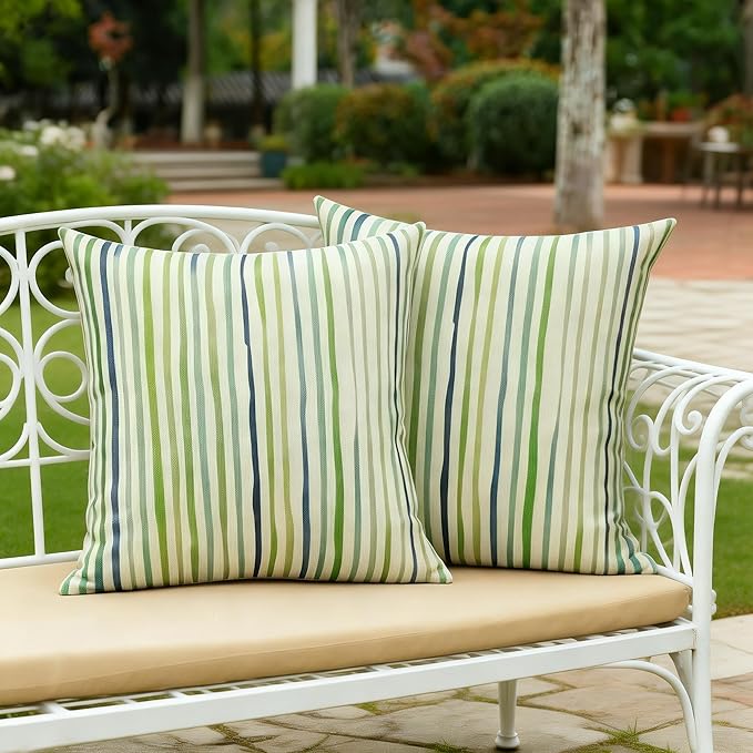 All Smiles Spring Outdoor Green Throw Pillow Covers for Patio Bench Garden Porch Sunbrella Furnitures Sage Lines Stripes Cushion Cases Decorative 16x16 Set of 2 for Sofa Couch
