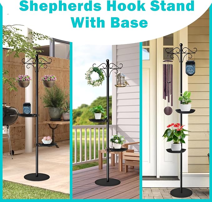 76" Thicken Shepherds Hooks for Outdoor - Double Shepherd Hooks for Outside with 2 Stands, Bird Feeder Pole with a Flat Base for Deck, Plant Stand Indoor, Wreath and Wind Chimes Hanger