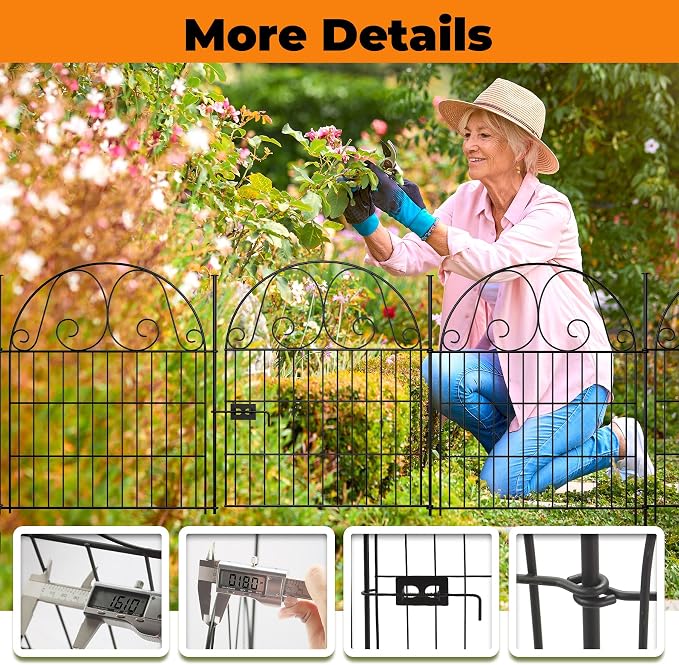 8 Pannels Garden Fence Animal Barrier,Decorative Garden Fence with Gate, No Dig Fencing for Yard,32in(H),Total Length 17.5Ft，Arched Metal Fence Panels,Rustproof Black