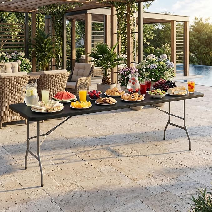 BestOffice 8 FT Picnic Table Plastic Camping Table Portable Square Height Folding Table Perfect for Picnics, Parties, Party and Camping, Black