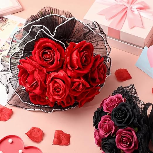 Gilprop 8 Pcs Flower Wrapping Mesh Paper, 11 Inch x 4 Yard Wavy Pearl Edge Wrinkled Flower Packaging Mesh, Florist Supplies for Teacher Mother's Day Gifts (Black)