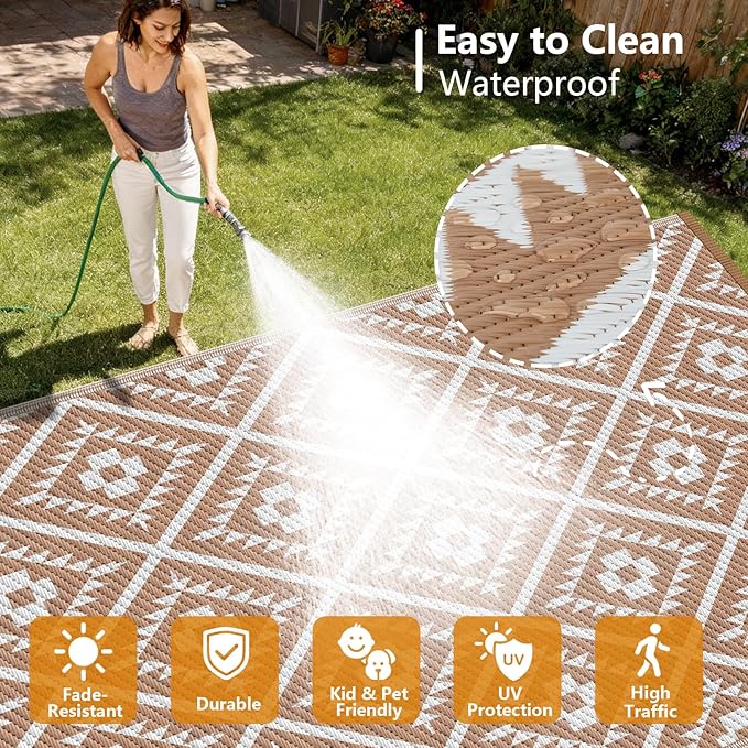 COOLTOP 9'x18’ Outdoor Rug for Patios Porches, Waterproof Plastic Camping Rugs, Modern Reversible Mat, Large Area Rugs for Backyard, Deck, RV, Balcony, Picnic, Beach, Khaki & White