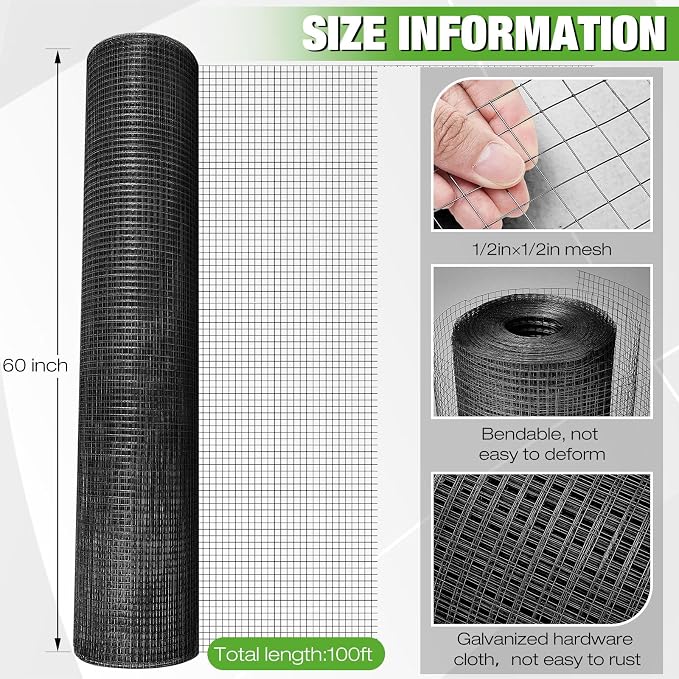 Tatuo Hardware Cloth 1/2 Inch 60in x 100ft Hot Dip Galvanized After Welded Cage Mesh Rolls 21 Gauge Metal Chicken Wire Roll Wire Fencing Poultry Netting for Raised Garden Rodent Animals