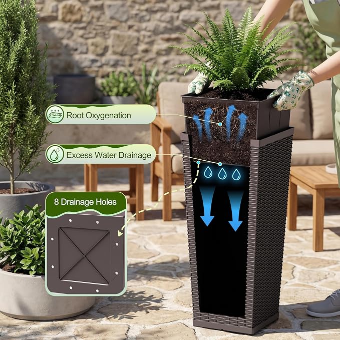 Devoko Resin Tall Planters for Outdoor Plants Set of 2, Large Taper Outdoor Planter Pots with 4 Drainage Holes, Flower Pots Modern Decor for Porch, Patio, Backyard, Home Garden (Brown, 30'')