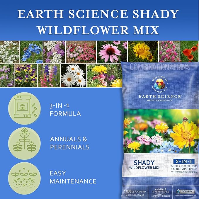 Earth Science Shady Wildflower Mix— 6 lb— 3-in-1 Formula with Premium Wildflower Seeds, Plant Food and Soil Conditioners - Non-GMO, Natural Ingredients