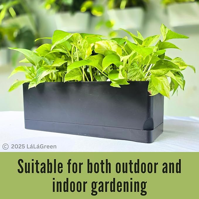 LaLaGreen Bundle- 7 Pack, Assorted Sizes Self Watering Planter + 2 Pack, 14 Inch Black Self Watering Pot Indoor Flower Herb Plant Pot Windowsill Stylish Rectangular Hanging Home Decor Outdoor Garden