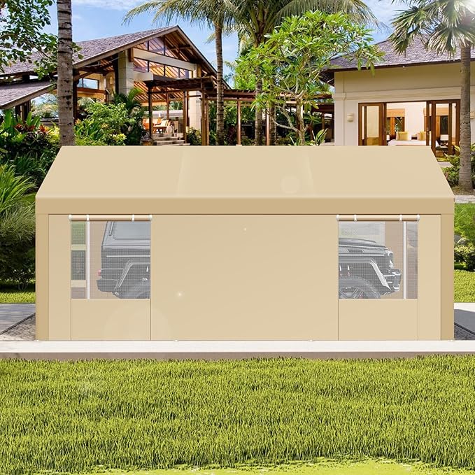 COBIZI Carport 10x20 FT Heavy Duty Portable Garage, Powder Coated Frame(Better Than Galvanized), Built-in Sandbags, Removable Sidewalls & Waterproof Shelter & Windows,for Car/Boat/SUV, Gray