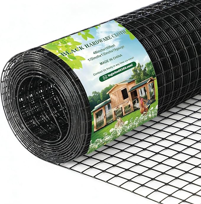 Gbekery Black Hardware Cloth 1/2inch 48in x 100ft 19 Gauge, PVC Coated Galvanized Steel Chicken Wire Fence Roll Garden Plant Welded Metal Wire Fencing Roll, Rabbit Cages Snake Fence, Black