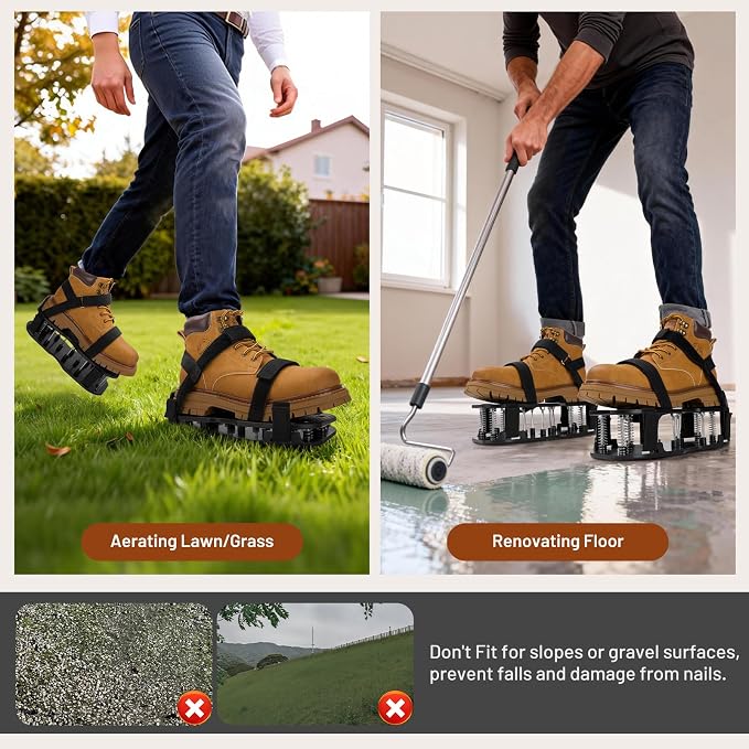 Lawn Aerator Shoes, Pre-Installed Two-Layer Spike Aerator Shoes Tool with Hook-and-Loop Adjustable Straps, Durable and Self-Cleaning for Patio Garden Soil and Plat Grassland, B & S