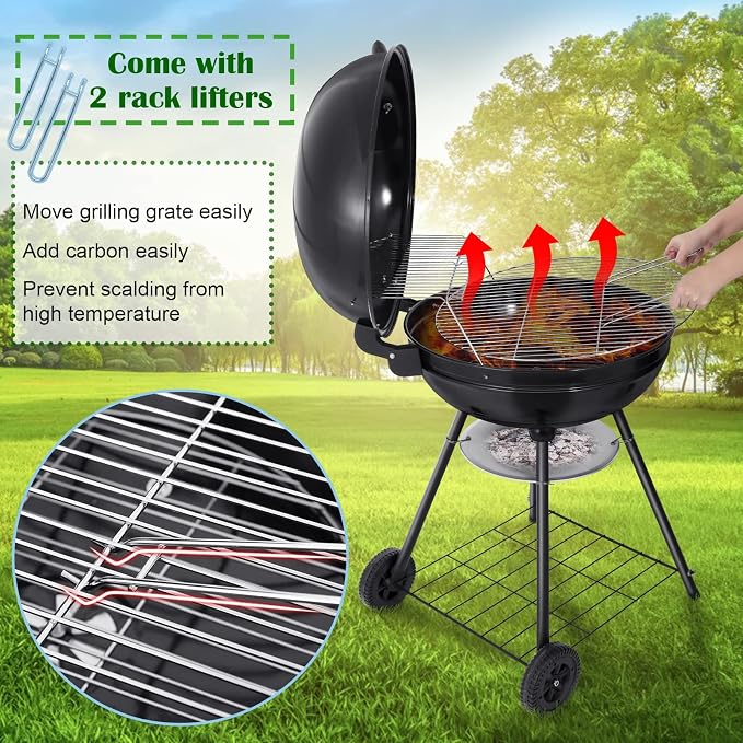 HaSteeL 22-Inch Kettle Charcoal Grill, Portable BBQ Gill with Wheels for Outdoors Barbecue, Camping, Picnic, Backyard, Tailgating, Beach, Storage Rack & 355 SQ.In Cooking Area, Black Porcelain Enamel