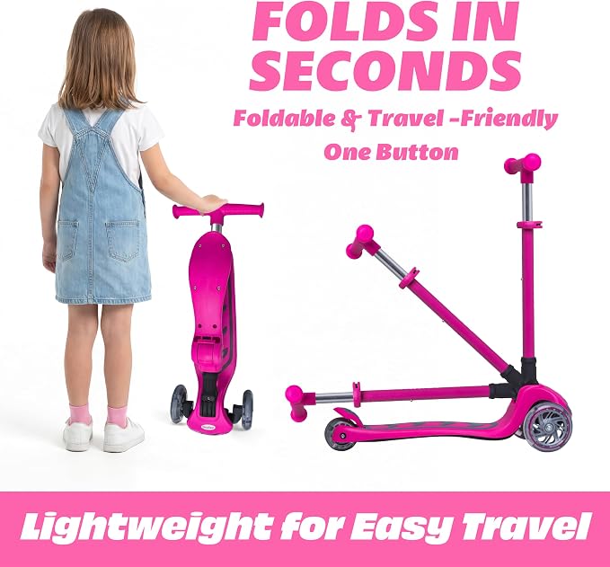 SKIDEE Kick Scooter for Kids Ages 3-5 | Foldable 3 Wheel Scooter with Lean-to-Steer, Adjustable Height, Removable Seat & LED Light Wheels | Toddler Scooter Up to 12 Year Old Boys/Girls
