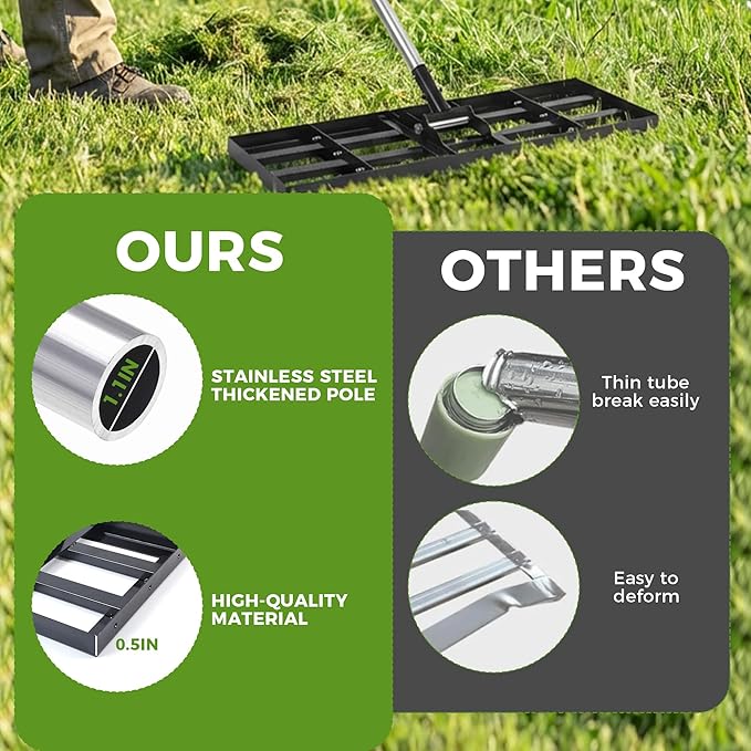 Lawn Leveling Rake, 30"x10" Stainless Steel Lawn Leveler with 76" Adjustable Handle, Heavy-Duty Yard Leveling Rake for Garden, Golf Course, Farm, Pasture, Professional Lawn Care Tool