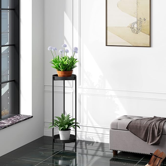 2 Tier Metal Flower Plants Holder, with 2 Removable Display for Indoor or Outdoor,Pot Plant Planter Display (Black 2P)