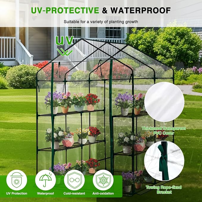 Yesker Greenhouse 57.5"x57"x77" Walk In Green House - Large Outdoor/Indoor Greenhouses with 8 Shelves Waterproof PVC Cover & Windows, Portable Greenhouse Kit for Winter Backyard Gardening Patio, Clear