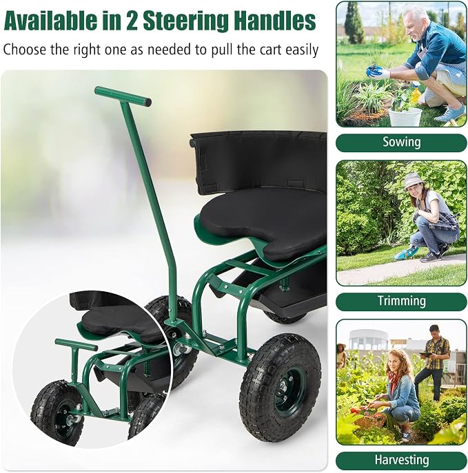 Rolling Garden Seat with Wheels, Garden Cart with 360° Swivel Seat for Planting, Garden Stool Scooter with Replaceable Handle & Removable Cushion, Height Adjustable Outdoor Gardening Workseat