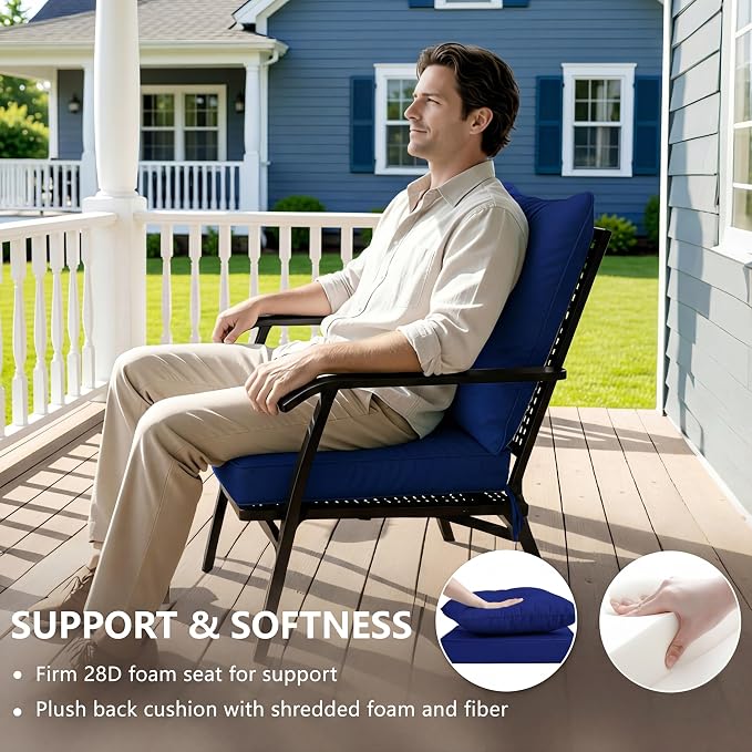 22''x22'' Patio Chair Cushions Set of 4, Outdoor Furniture Cushions - Removable Cover, Water-Repellent, Fade-Resistant, Non-Slip Bottom & Straps, Replacement for Lawn, Porch & Deck Chair - Navy