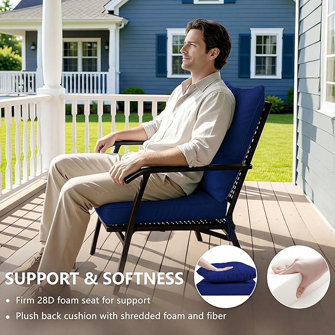 24x24 Inch Outdoor Chair Cushion with Removable Cover, Patio Furniture Cushion - Water-Repellent, Fade-Resistant, Non-Slip Bottom & Straps, Replacement for Deep Seat Sofa & Couch - Navy