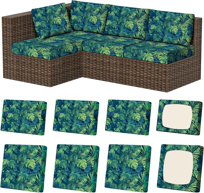 8Pcs Stretch Patio Cushion Covers, Outdoor Couch & Sofa Replacement Slipcovers for Patio Furniture Cushion Covers, Washable Reusable Furniture Protector