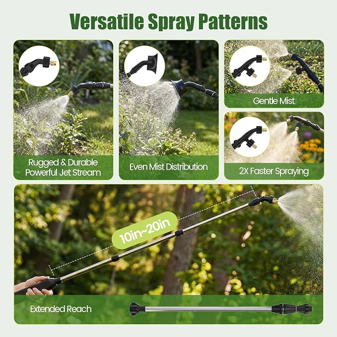 Battery Powered Sprayer 2 Gallon, Wide Mouth Electric Pump Sprayer with Upgraded Elevated Base and Thickened Anti-Abrasion Tank, Kink Proof Hose, Retractable Wand, 3 Nozzles Lawn and Garden